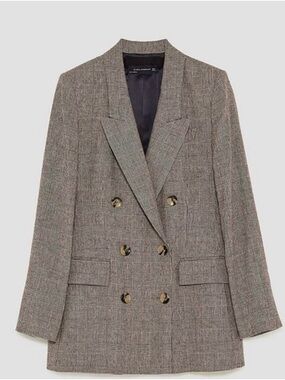 Zara Double-Breasted Plaid Blazer - Brown